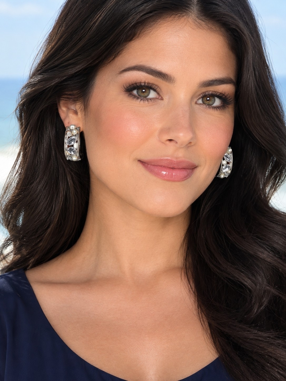 Crystal-Embellished Silver Hoop Earrings - Clip Ons, New